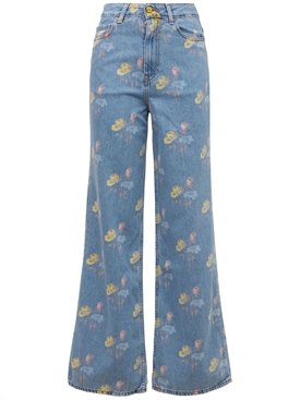 Printed wide leg high rise cotton jeans 