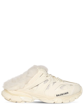 Balenciaga - Track faux fur \u0026 mesh mule sneakers - Beige | Luisaviaroma