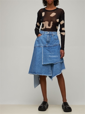 Cotton denim asymmetric midi skirt 