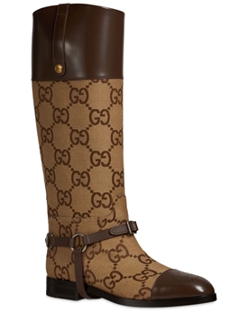 Gucci - Botas altas de lona gg y piel con arnés - Camel Ebony | Luisaviaroma