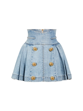 Balmain - Pleated cotton denim mini 