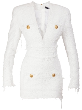 Balmain - Fringed tweed v-neck mini 