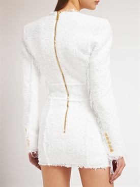 Balmain - Fringed tweed v-neck mini 