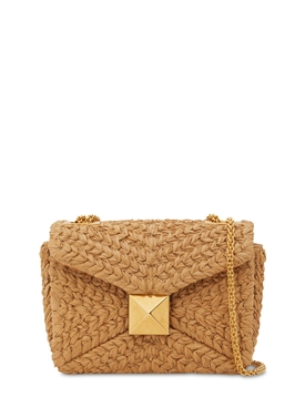 Valentino Garavani - Bolso pequeño one stud de rafia y piel - Pecan |  Luisaviaroma