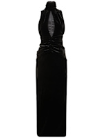 alessandra rich dress black Women Solid Black V-Neck Front Button-Up Crepe Thigh-High Slit Straight Hem Bodycon  Midi Dress