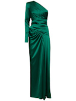 navy blue dress for baby girl Asymmetrical Off-the-shoulder Draped Floral Satin Maxi Bridesmaid Dress In  Vintage Primrose Evergreen