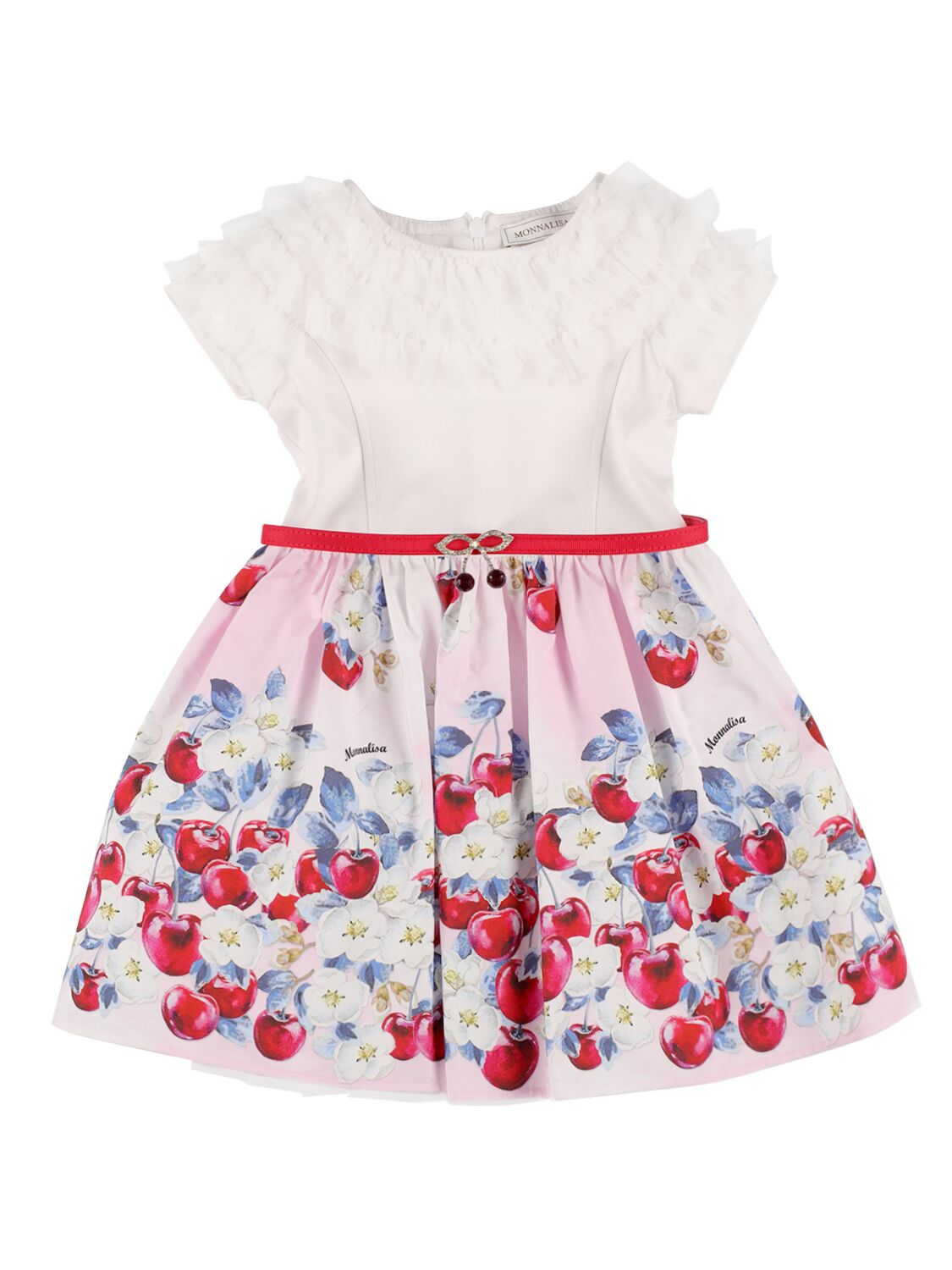 Monnalisa Kids' Jersey & Cherries Printed Poplin Dress In Multicolor