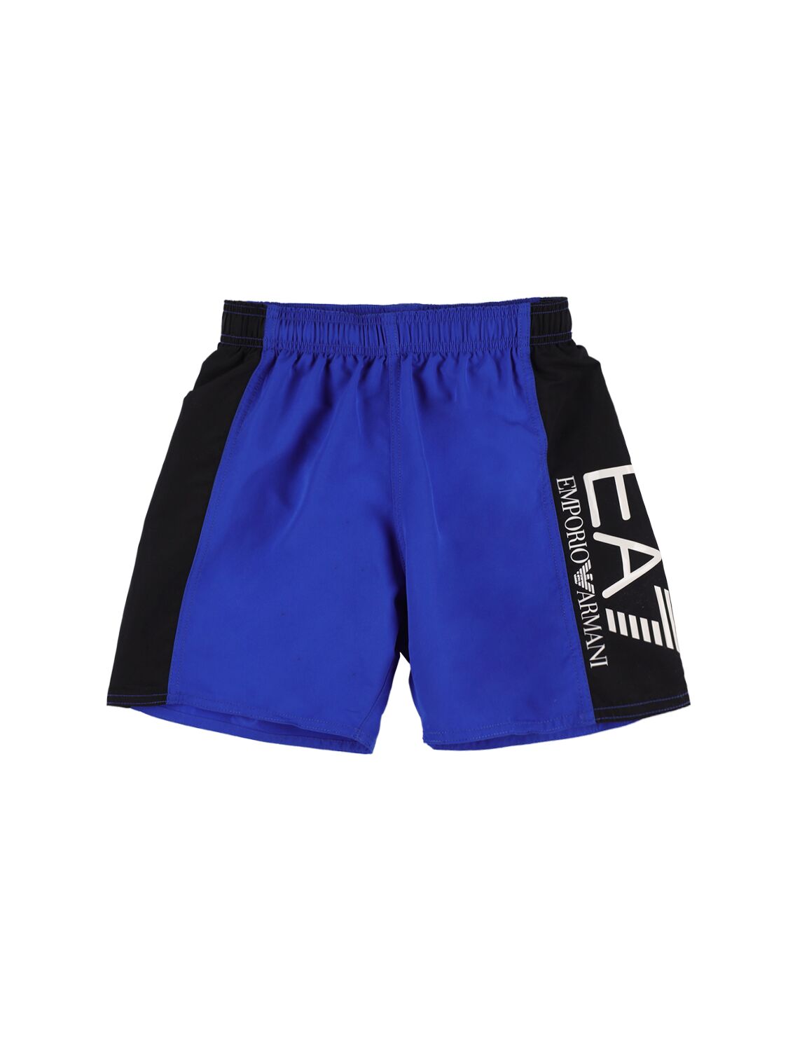 Ea7 Kids' Logo Print Nylon Swim Shorts In Royal Blue
