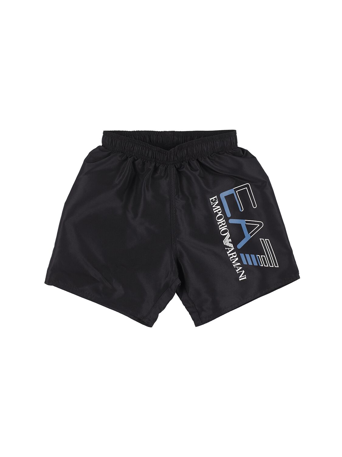Ea7 Kids' Rubberized Logo Nylon Swim Shorts In Black