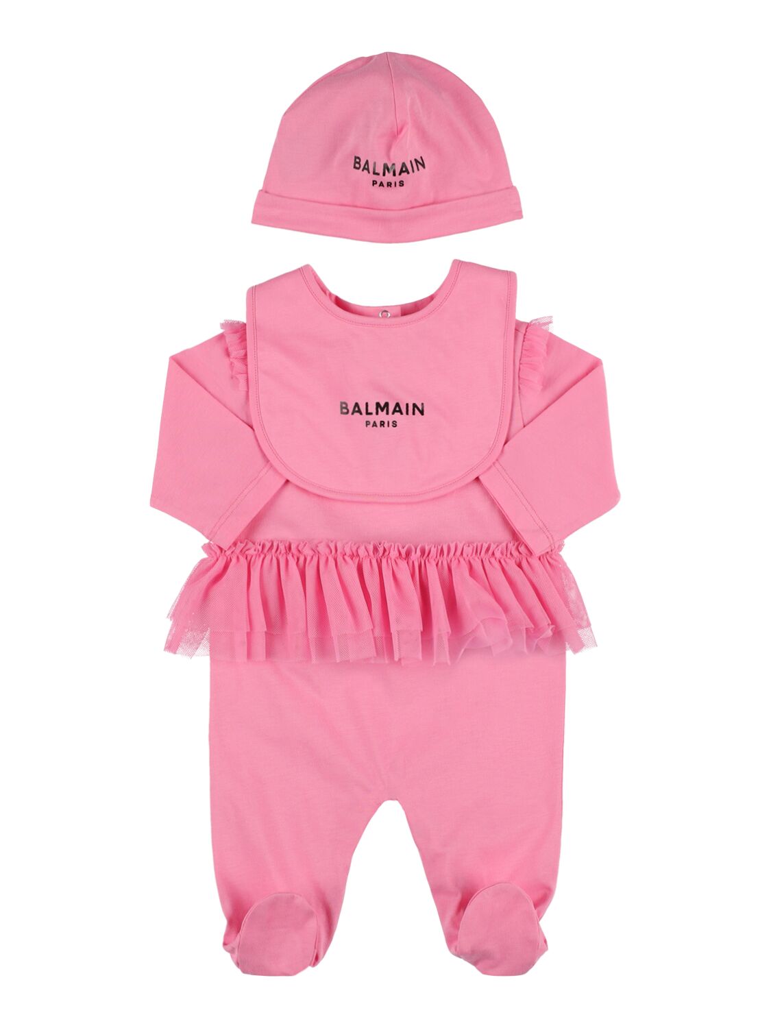 Balmain Babies' Cotton Jersey Romper, Bib & Hat In Pink
