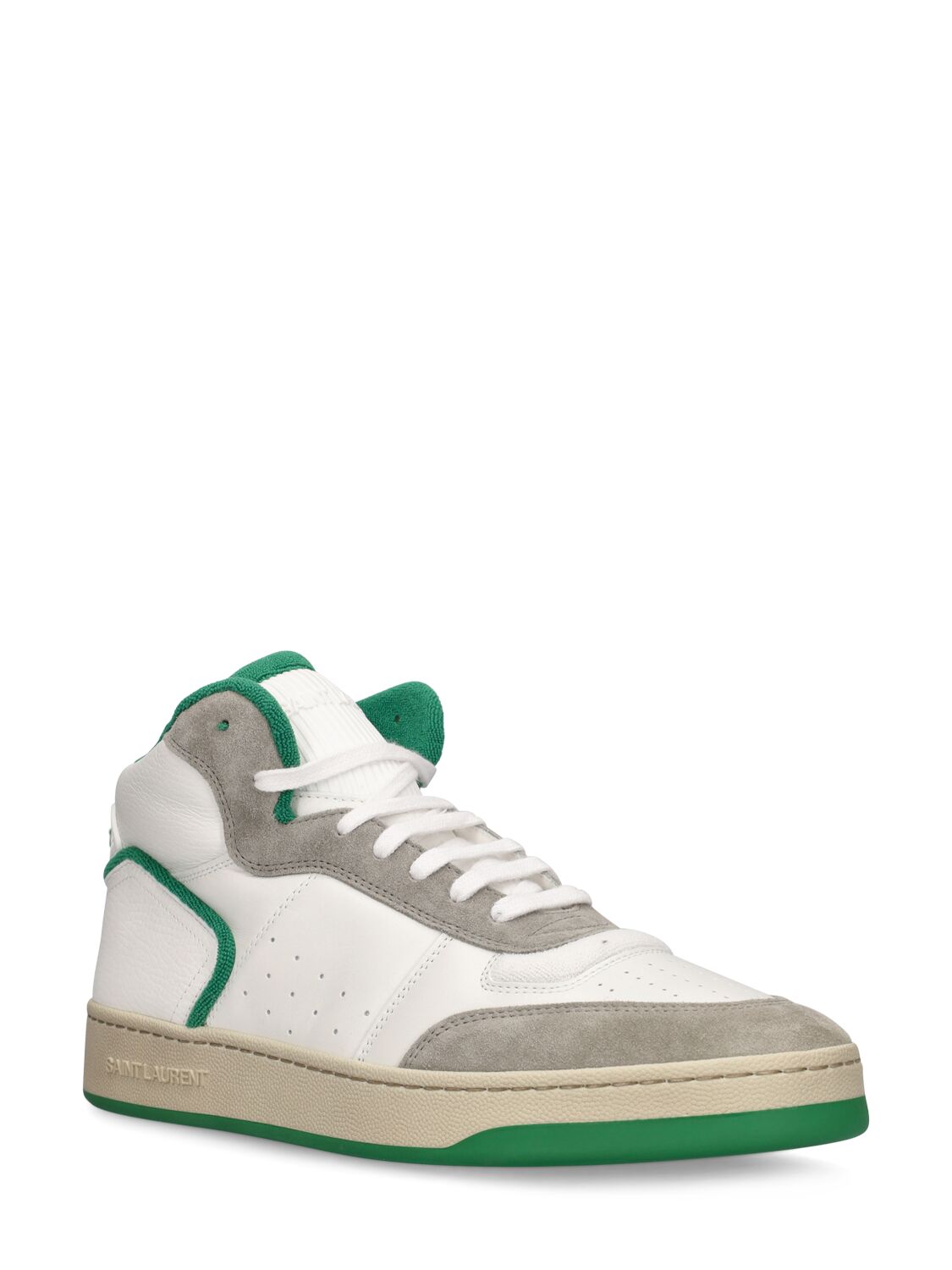 Shop Saint Laurent Sl/80 Leather Sneakers In White,green