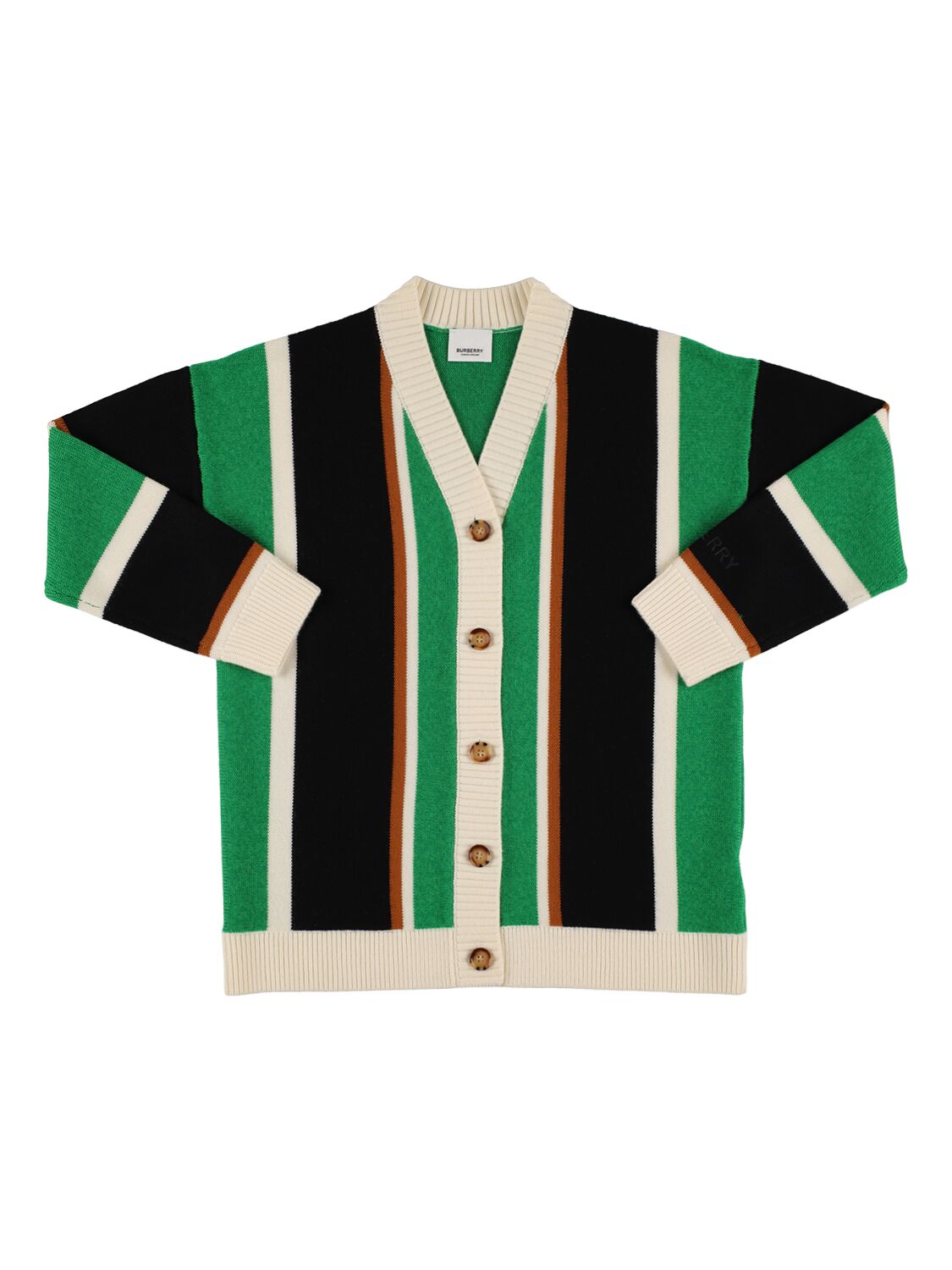 Burberry Kids' Striped Wool Blend Knit Maxi Cardigan In Green,black