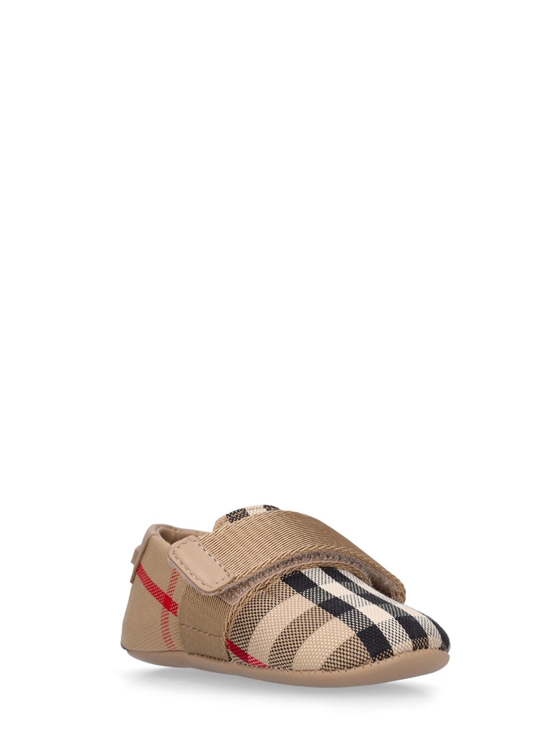 Shop Burberry Check Leather & Cotton Pre-walker Shoes In Beige
