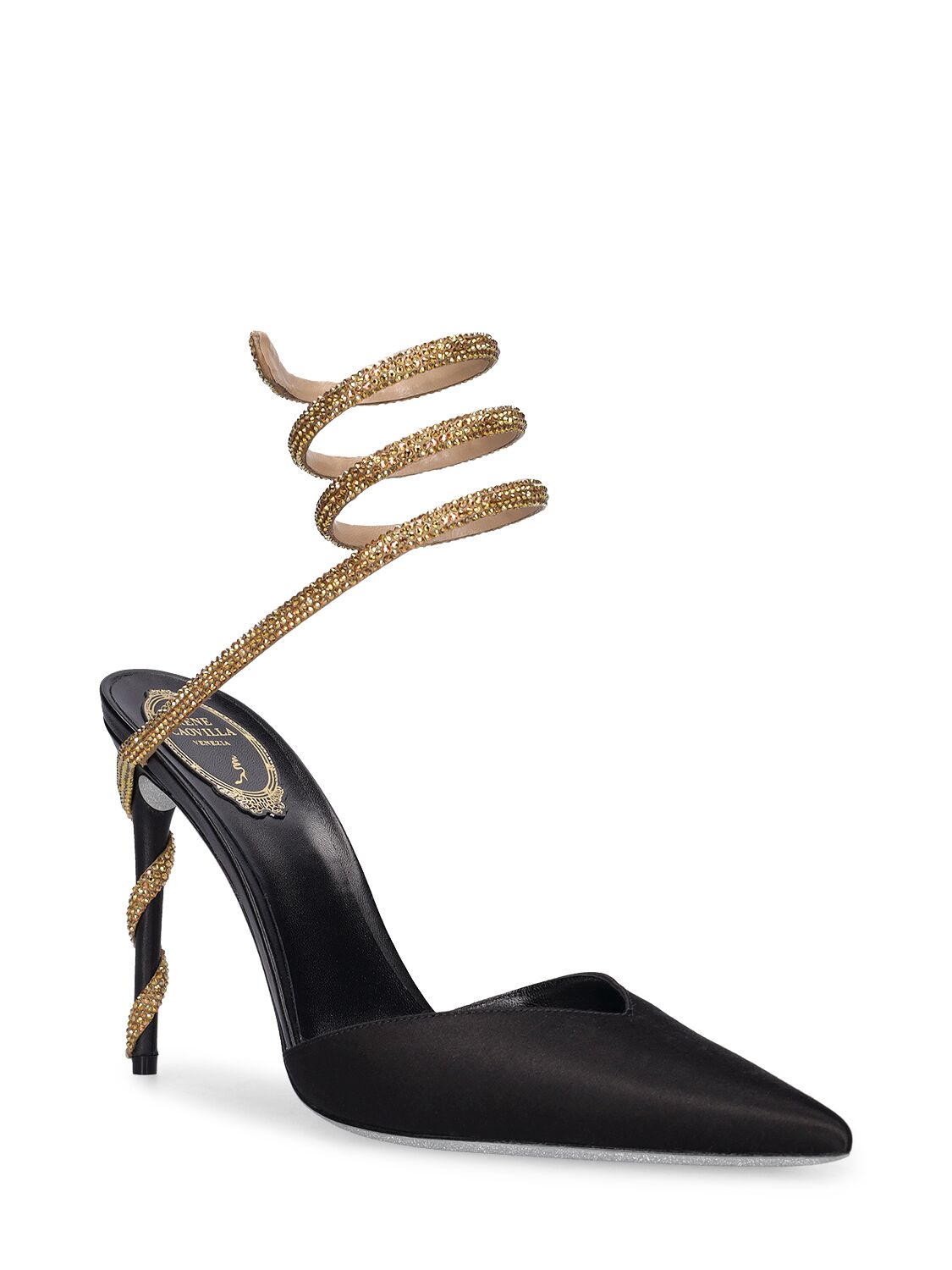 Shop René Caovilla 105mm Embellished Satin Pumps In Black,gold