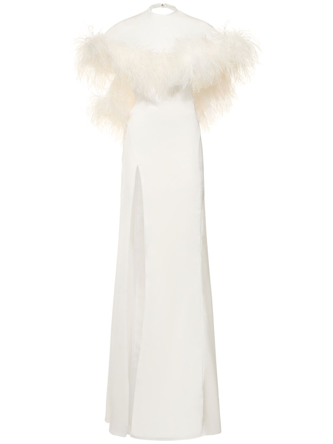 Airi Satin Cape Gown W/feathers – WOMEN > CLOTHING > DRESSES