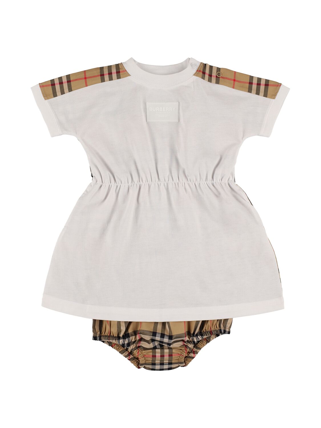 Burberry Babies' Check Print Cotton Dress W/ Diaper Cover In White,beige