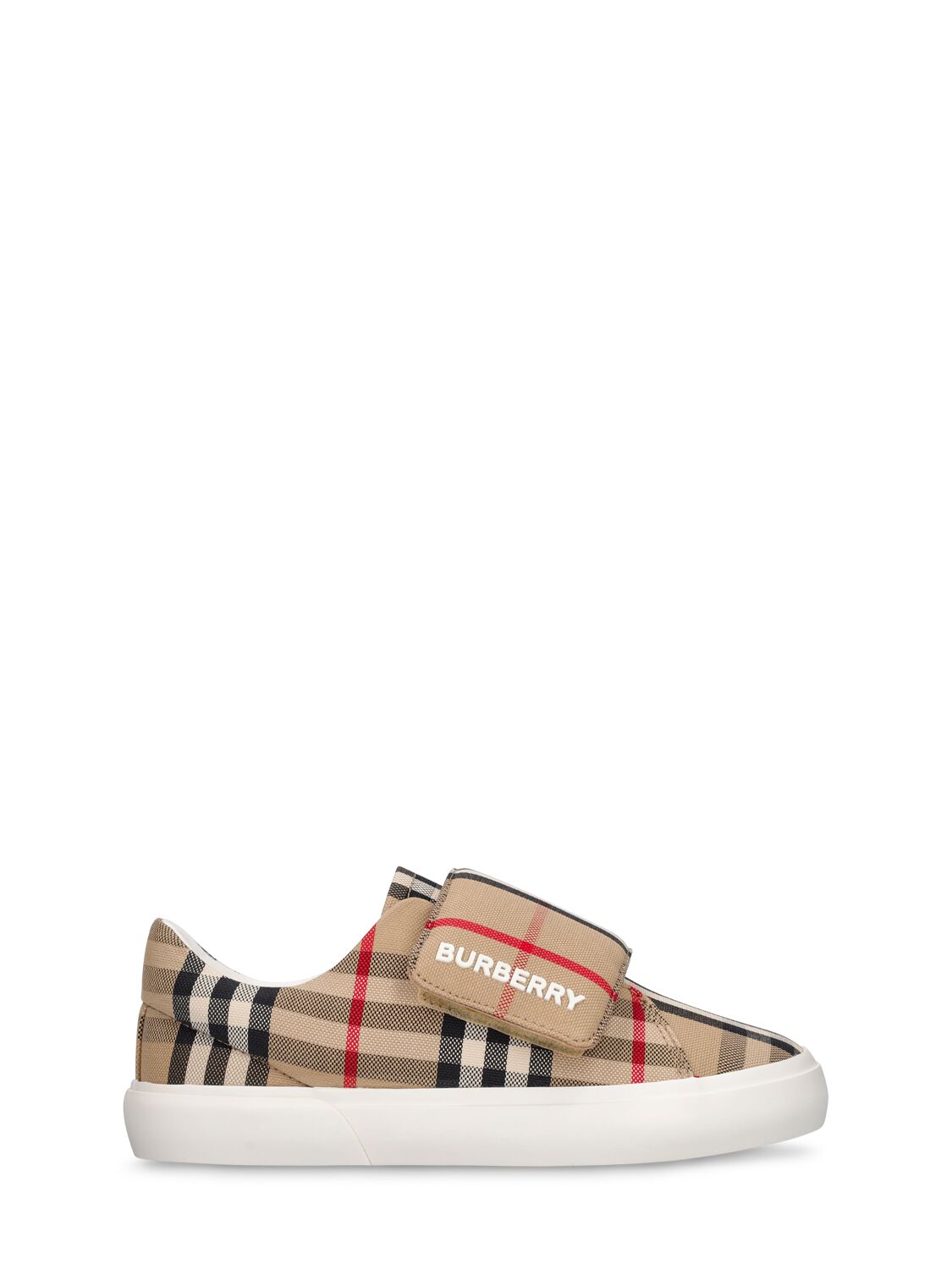 Shop Burberry Check Print Cotton Strap Sneakers In Beige