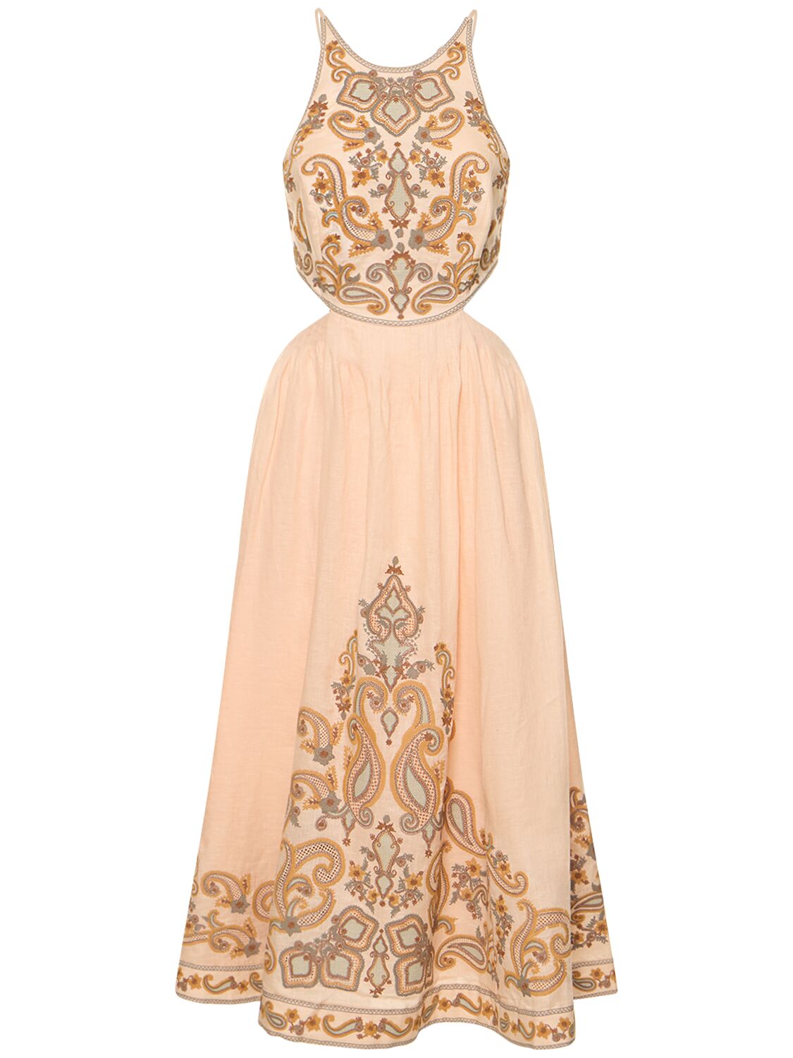Shop Zimmermann Devi Linen Halter Neck Midi Dress In Sage,gold