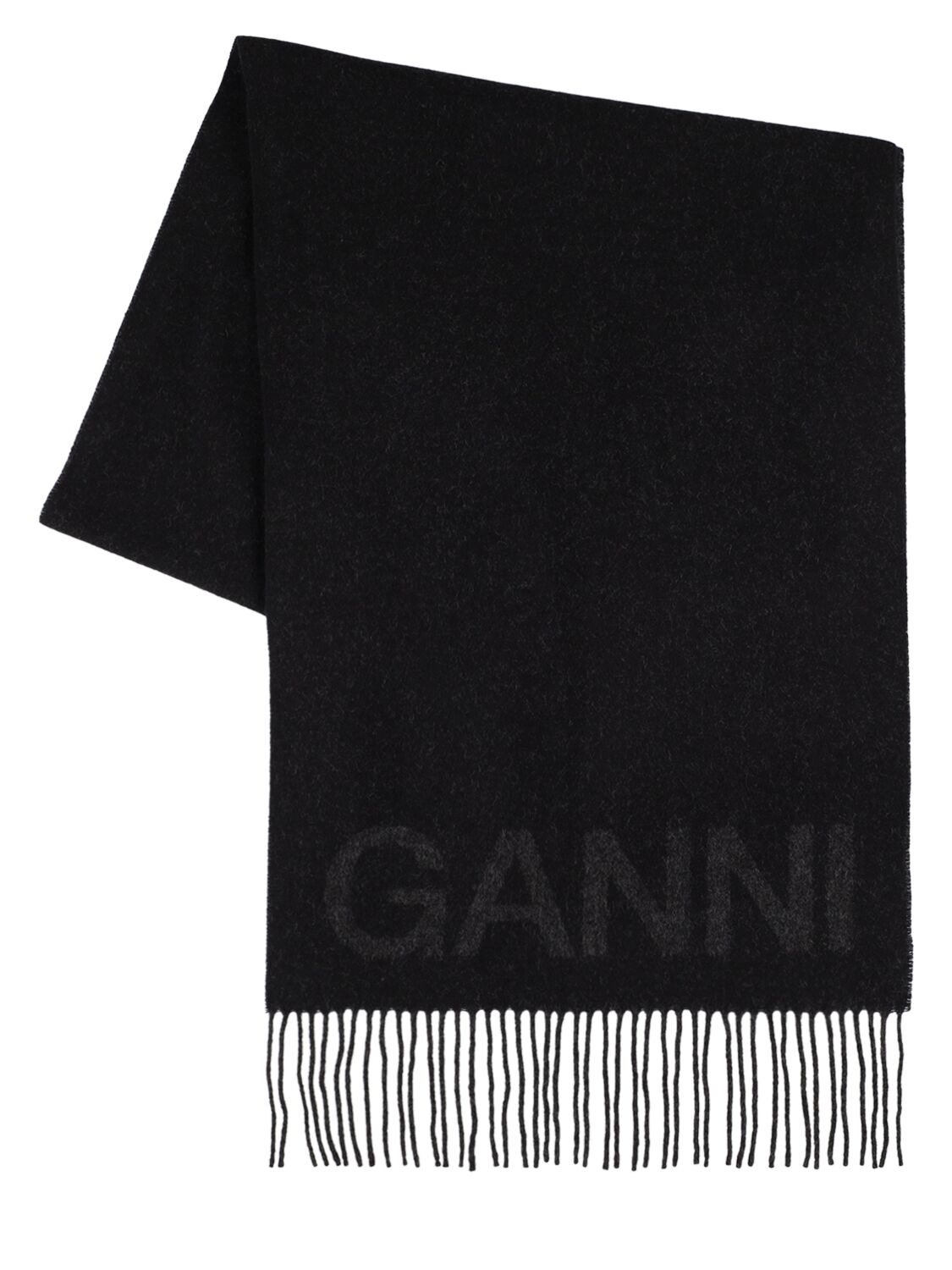 Ganni Fringed Wool Scarf In Black
