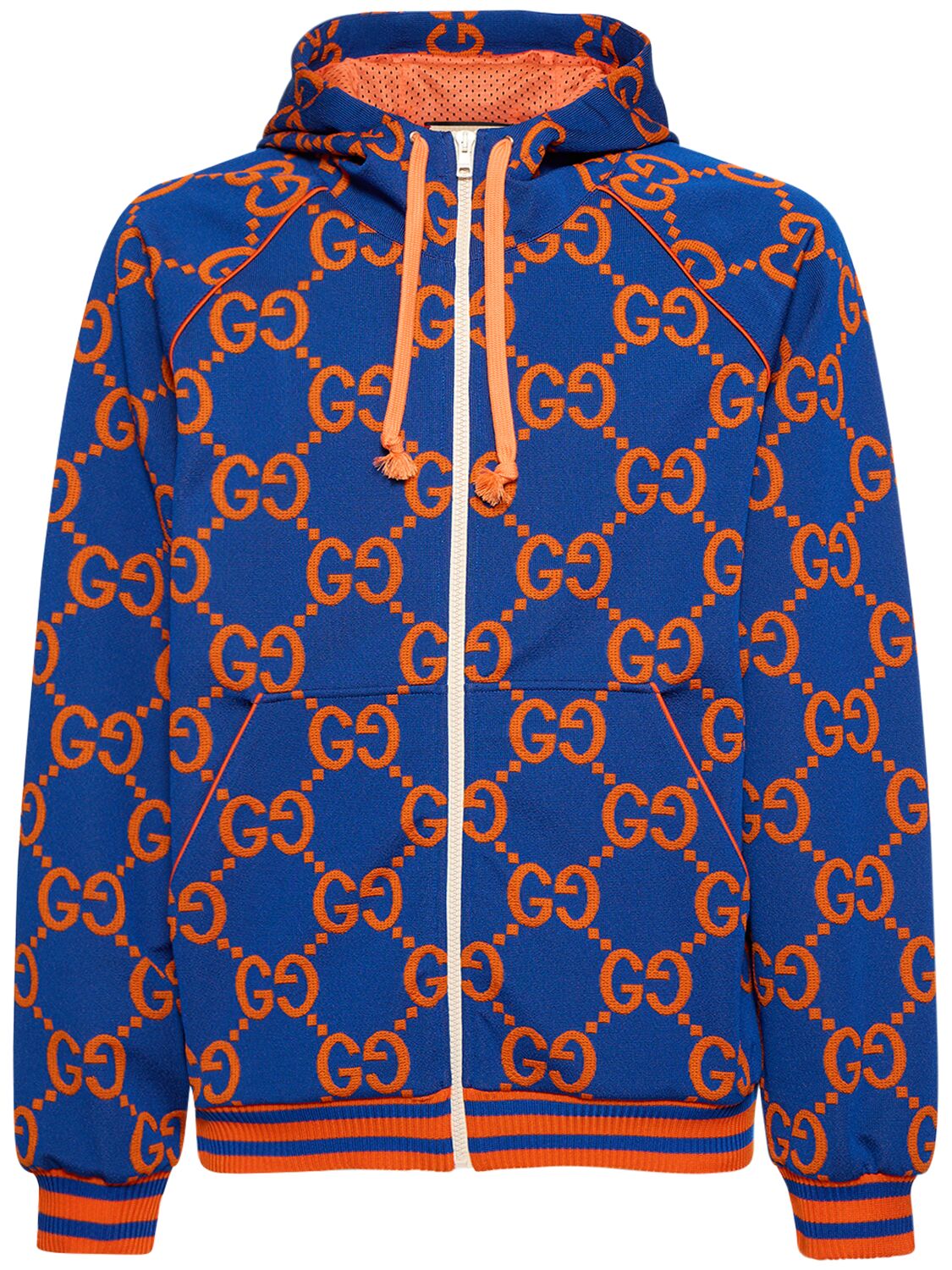Shop Gucci Gg Technical Jacquard Hooded Sweatshirt In 蓝色,橙色