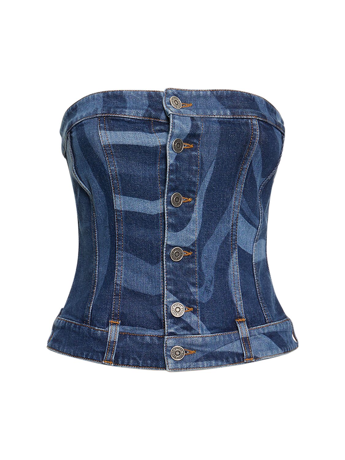 PUCCI MARMO PRINTED DENIM STRAPLESS TOP