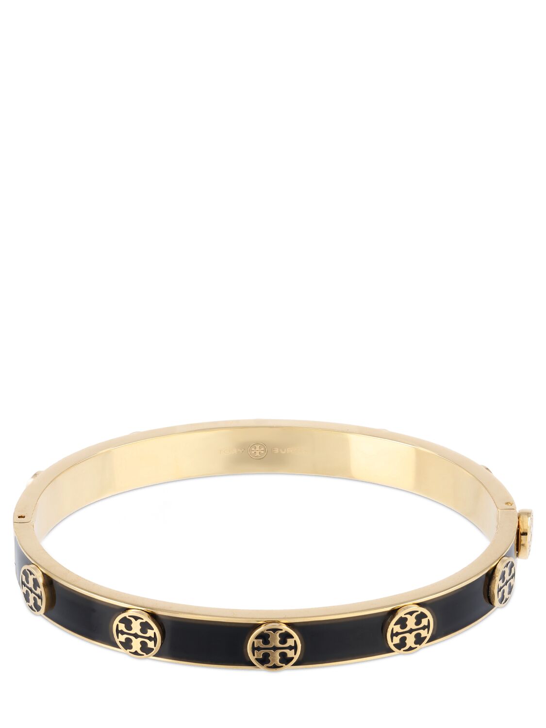 Shop Tory Burch Miller Stud Enamel Hinge Bracelet In Black,gold