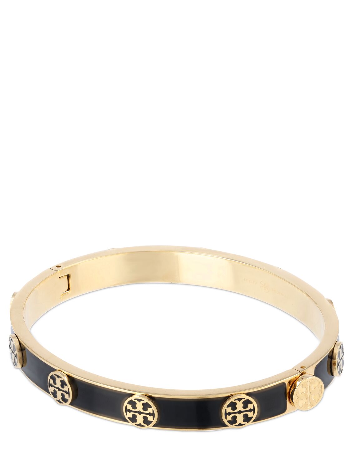 Shop Tory Burch Miller Stud Enamel Hinge Bracelet In Black,gold