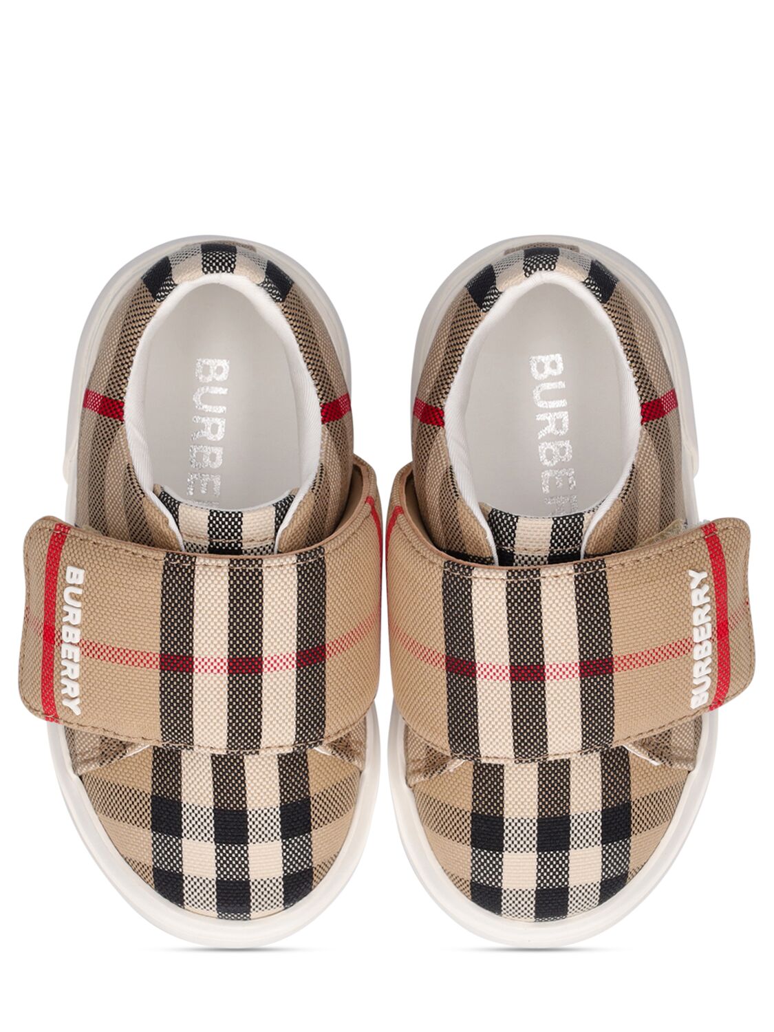 Shop Burberry Check Print Cotton Strap Sneakers In Beige