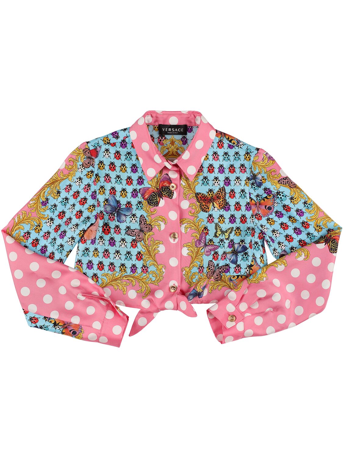 Versace Kids' Printed Silk Lace-up Crop Shirt In Multicolor
