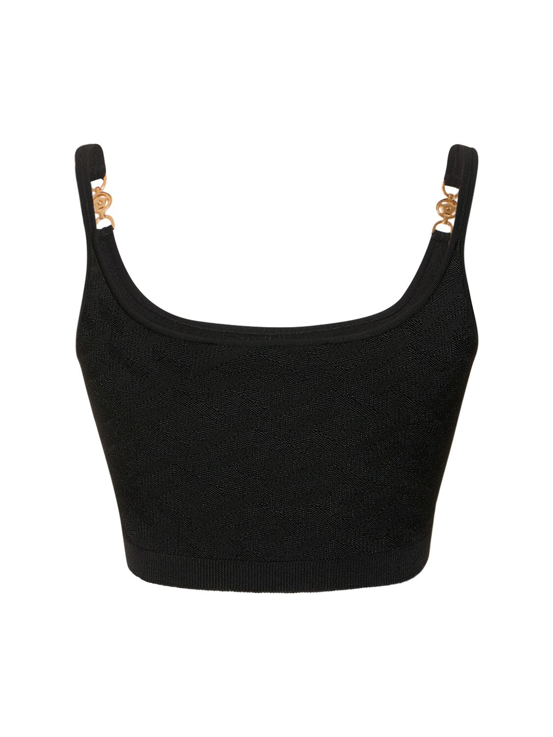 Shop Versace Logo Jacquard Knit Viscose Crop Top In Black