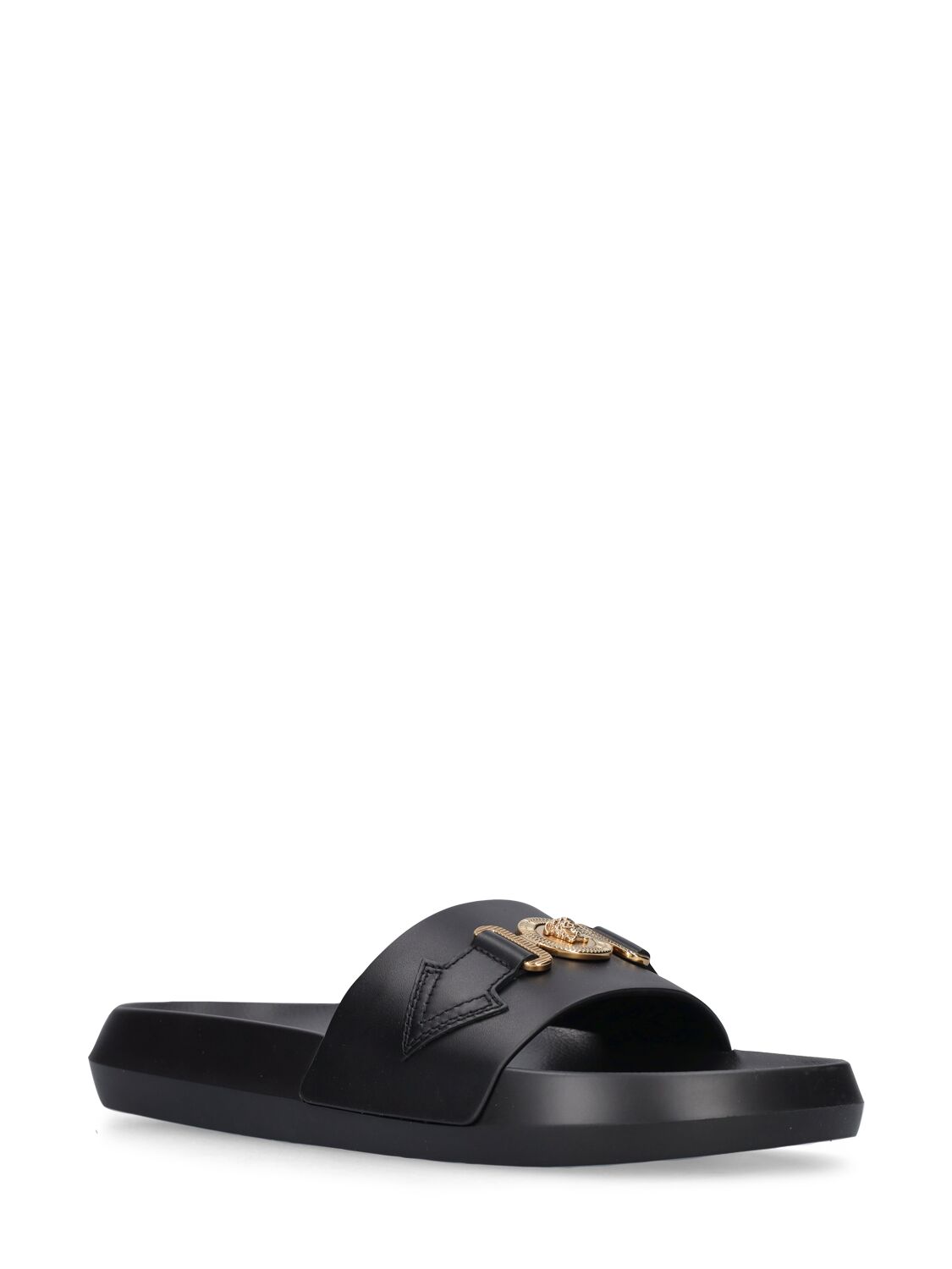 Shop Versace Leather Slides In Black