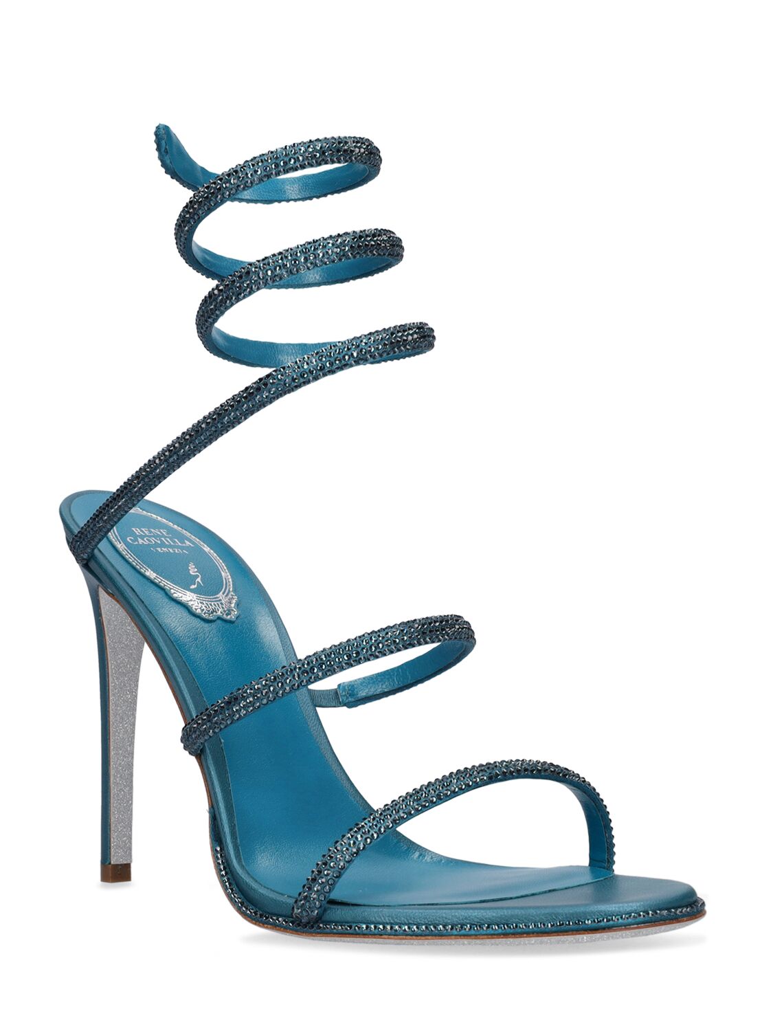 Shop René Caovilla 105mm Embellished Leather Sandals In Turquoise