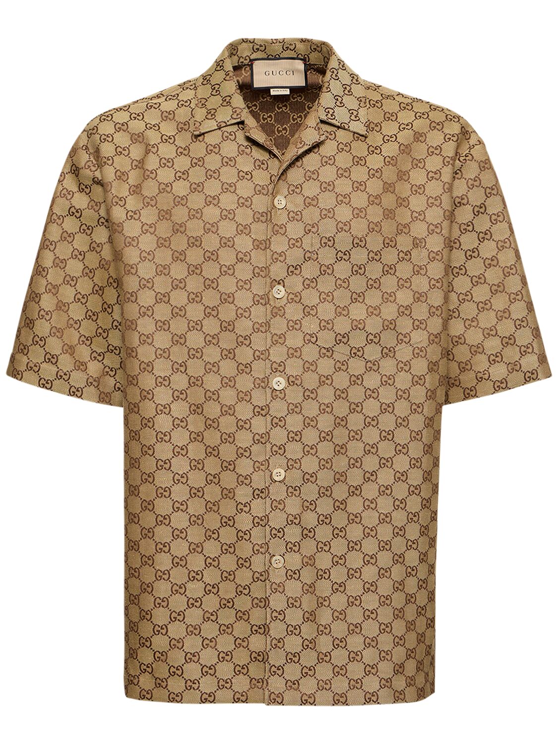 Shop Gucci Summer Gg Supreme Linen Blend Shirt In Camel,ebony