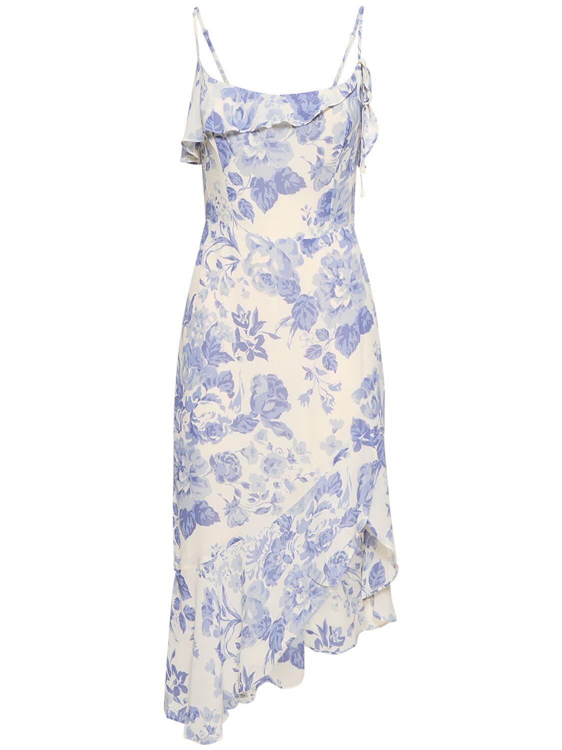 Reformation Liana Asymmetric Ruffled Floral-print Georgette Midi Dress In Weiss,blau