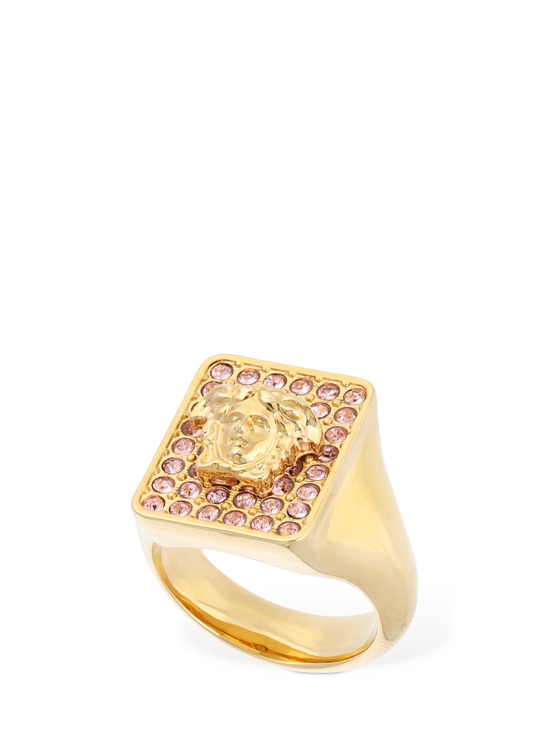 Versace Medusa Tiles Crystal Square Ring In Gold,pink