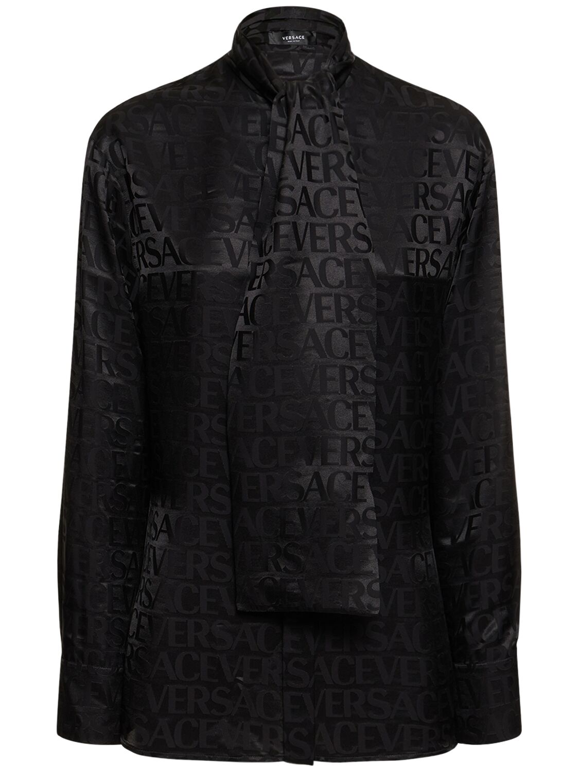 Versace Logo Jacquard Silk Twill Shirt W/scarf In Black