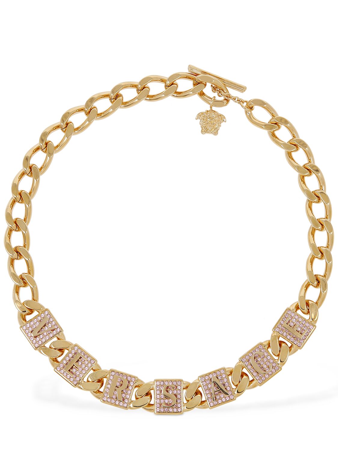 Versace Tiles Crystal Collar Necklace In Gold,pink