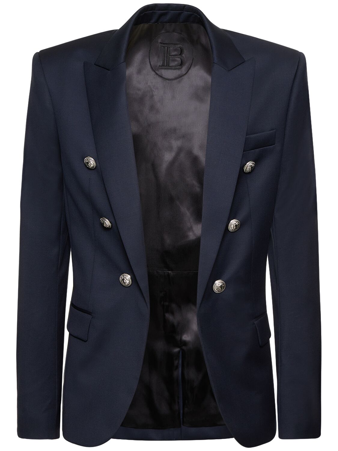 Shop Balmain Wool Button Down Jacket In Navy