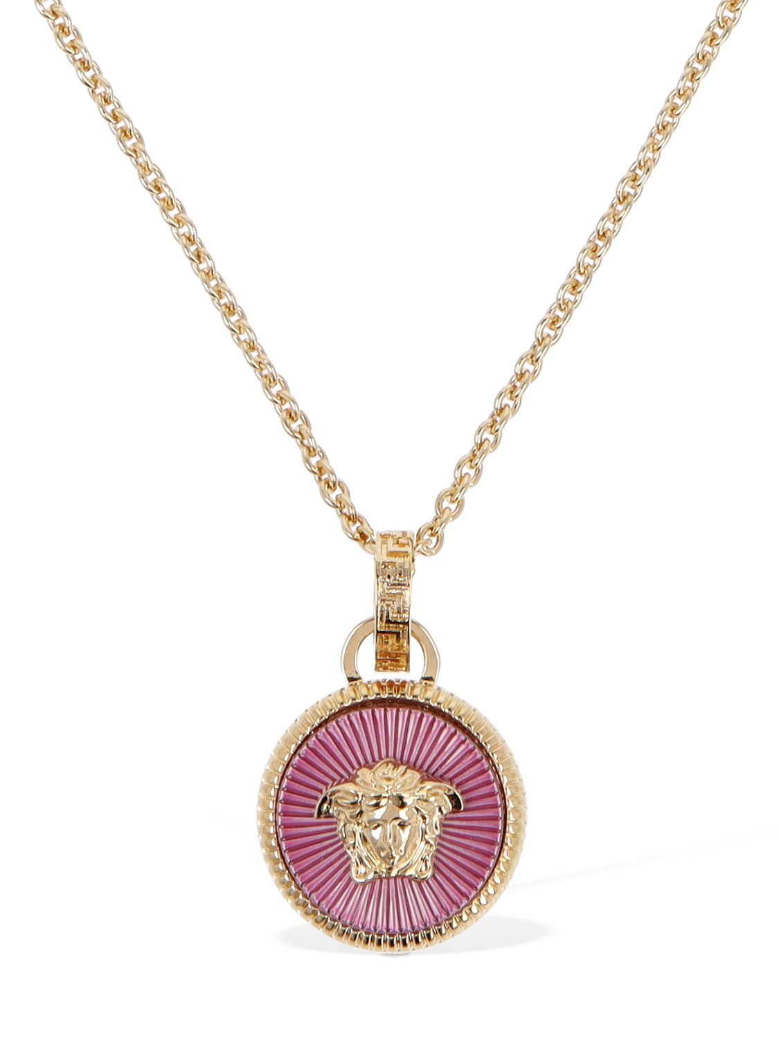 Shop Versace Medusa Coin Charm Necklace In Gold,pink