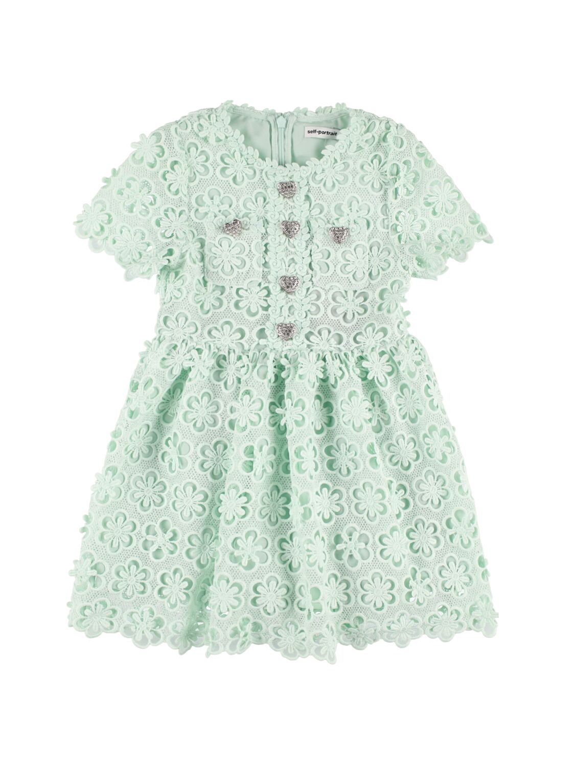 Self-portrait Kids' Macramé Lace Dress W/embellished Buttons In Light Green