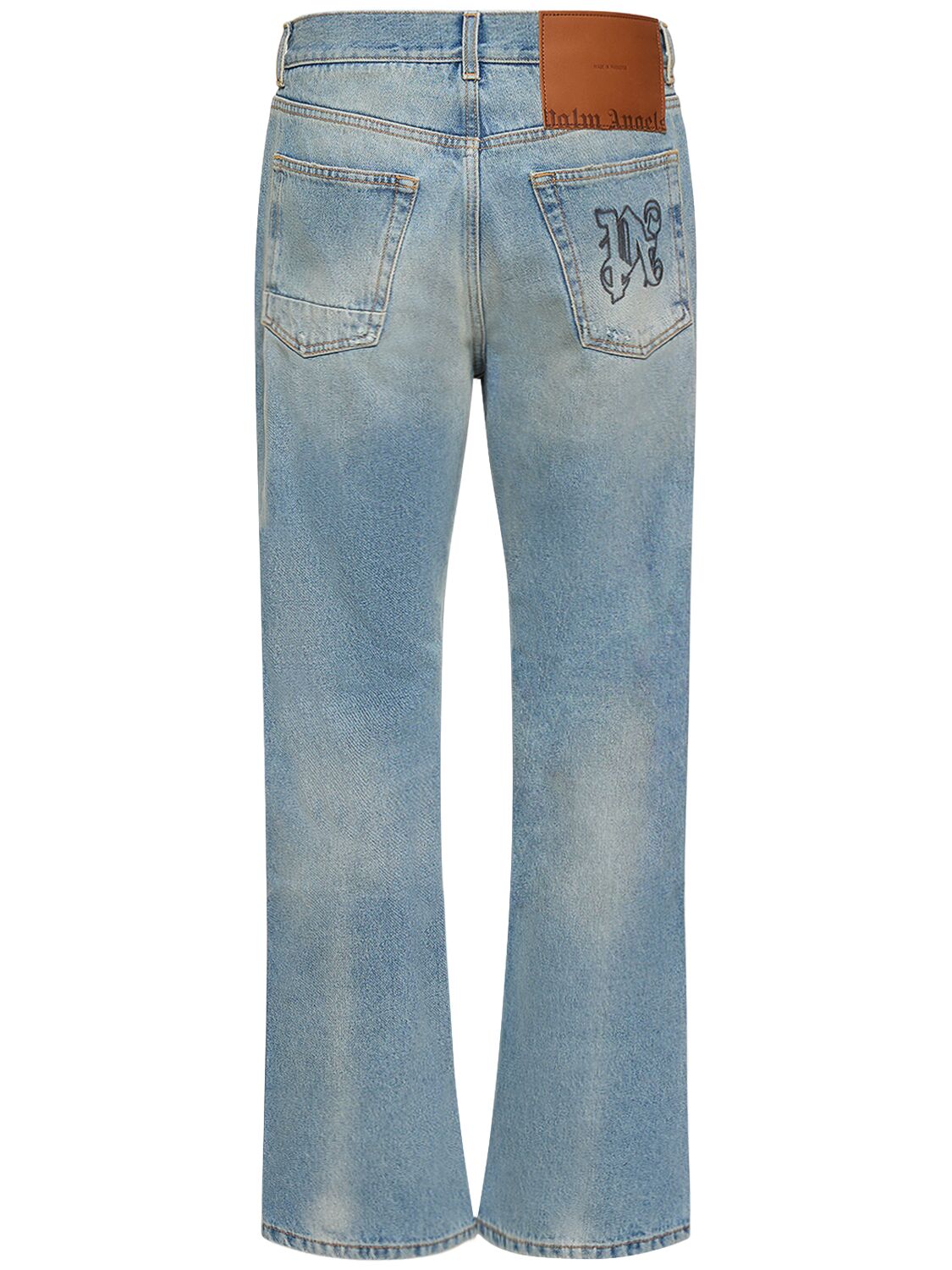 Shop Palm Angels Monogram Loose Cotton Denim Jeans In Blue