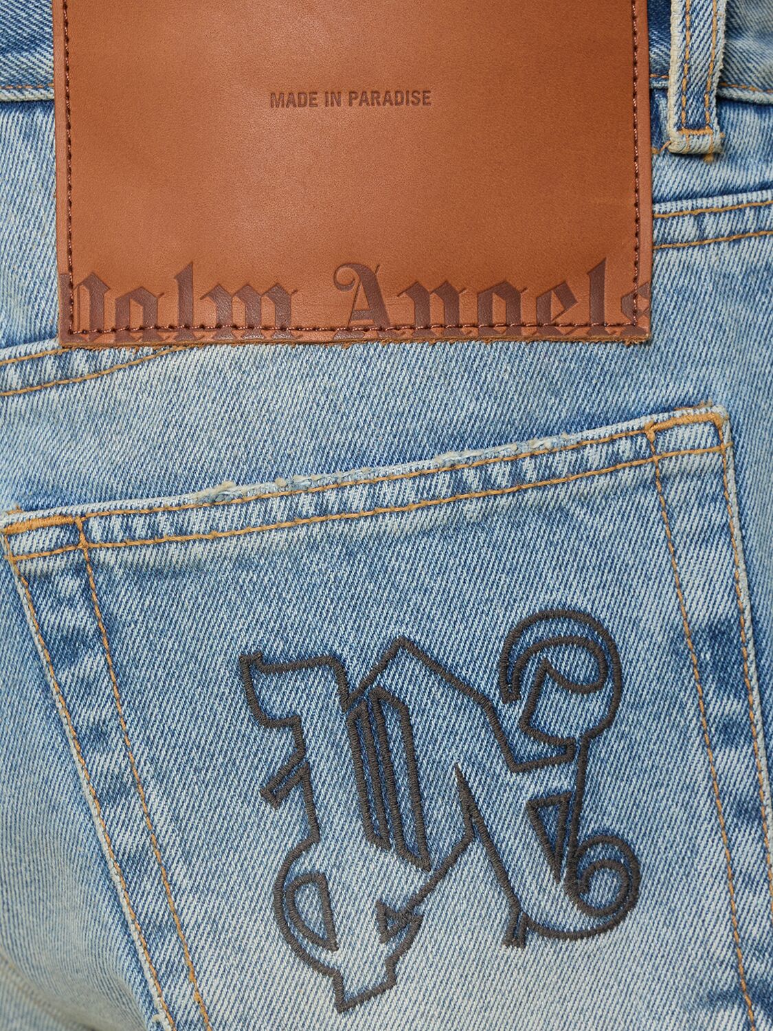 Shop Palm Angels Monogram Loose Cotton Denim Jeans In Blue