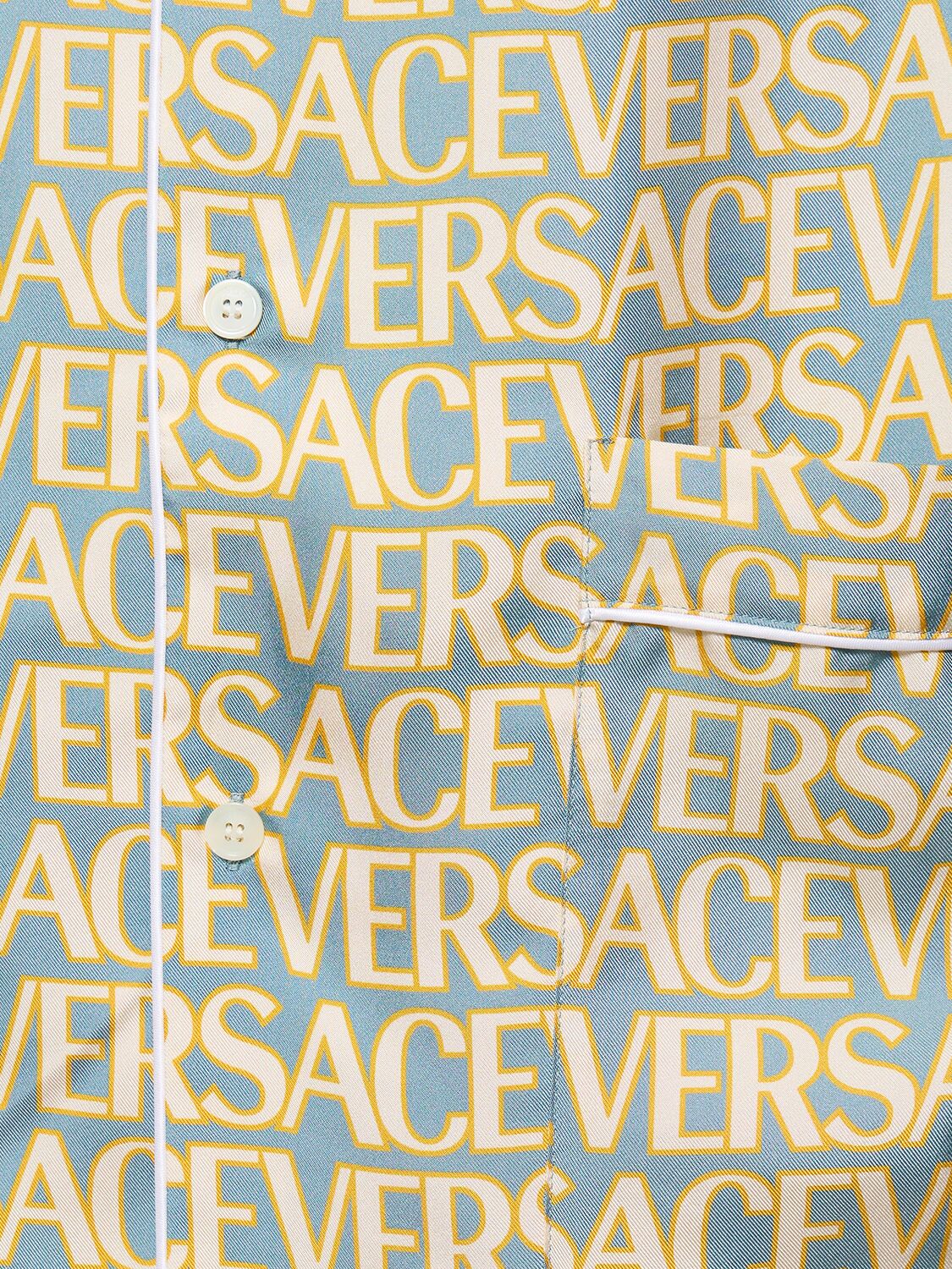 Shop Versace Monogram Printed Silk Twill Shirt In Light Blue