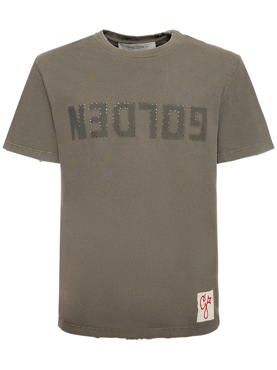 Shop Golden Goose Logo Distressed Cotton Jersey T-shirt In Dusty Olive