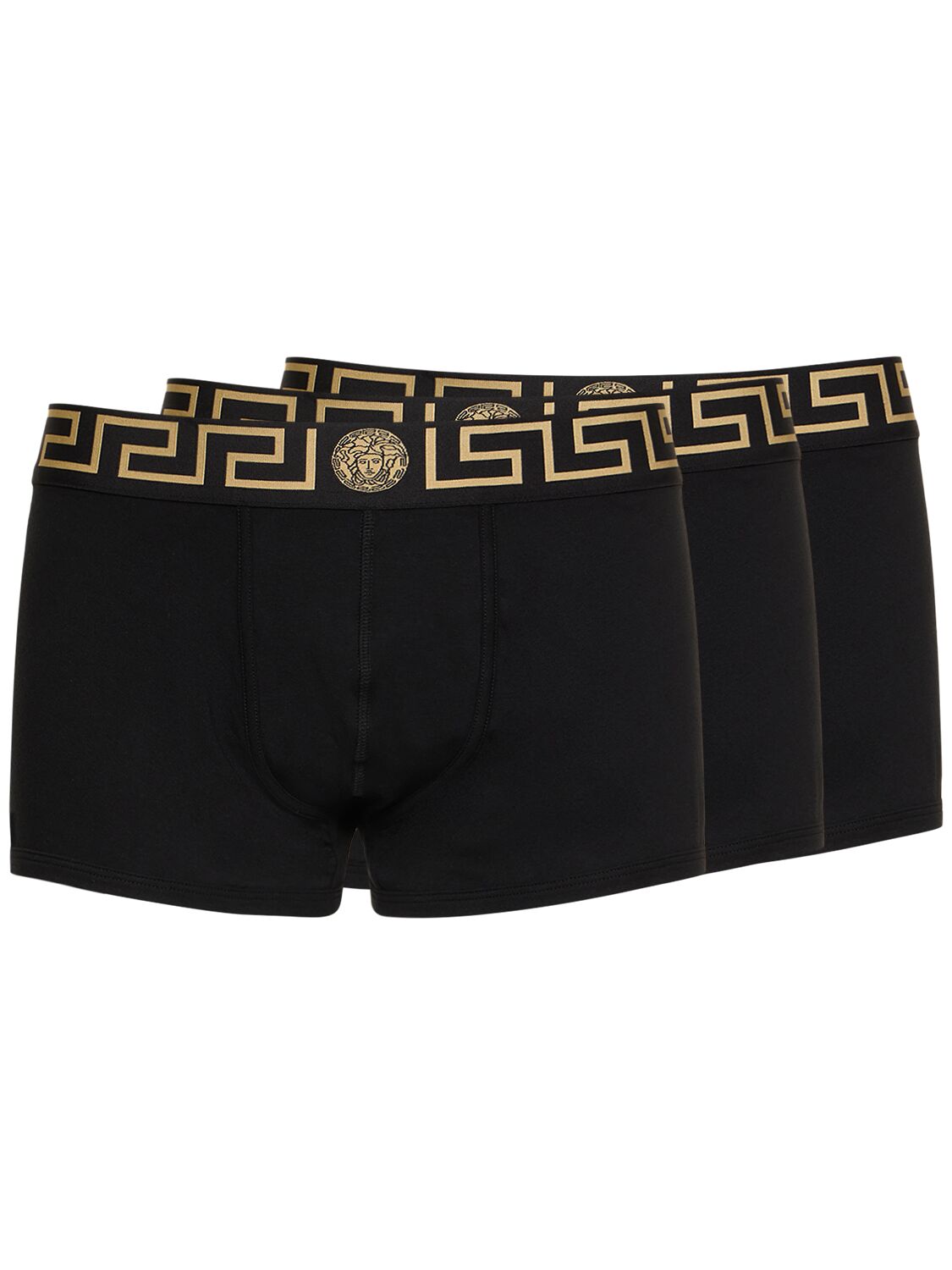 Versace Pack Of 3 Greca Stretch Cotton Boxers In Black,gold