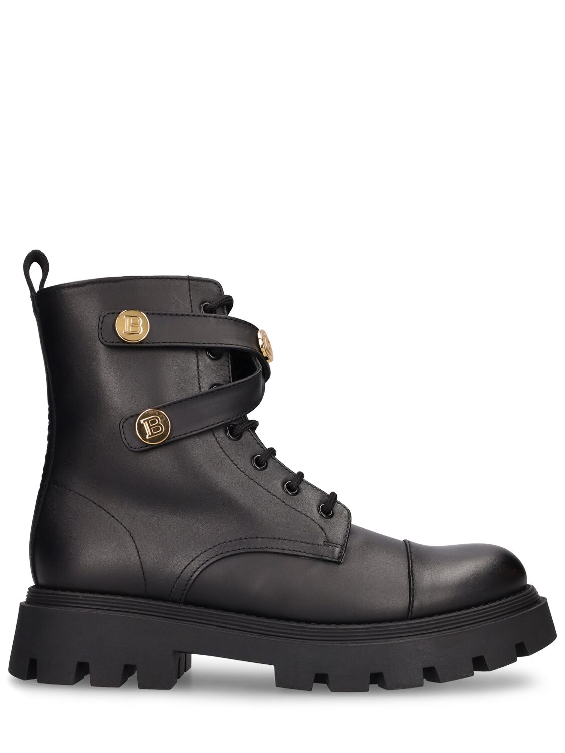 Balmain Kids' Leather Lace-up Boots W/logo In Black,gold