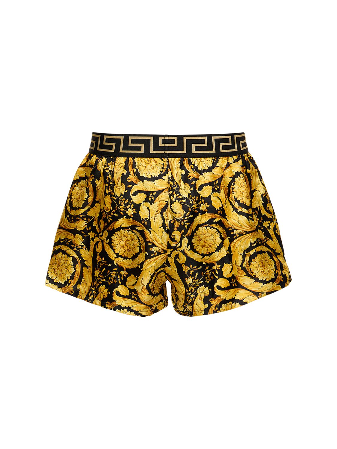 Shop Versace Baroque Print Silk Loungewear Shorts In Black,gold