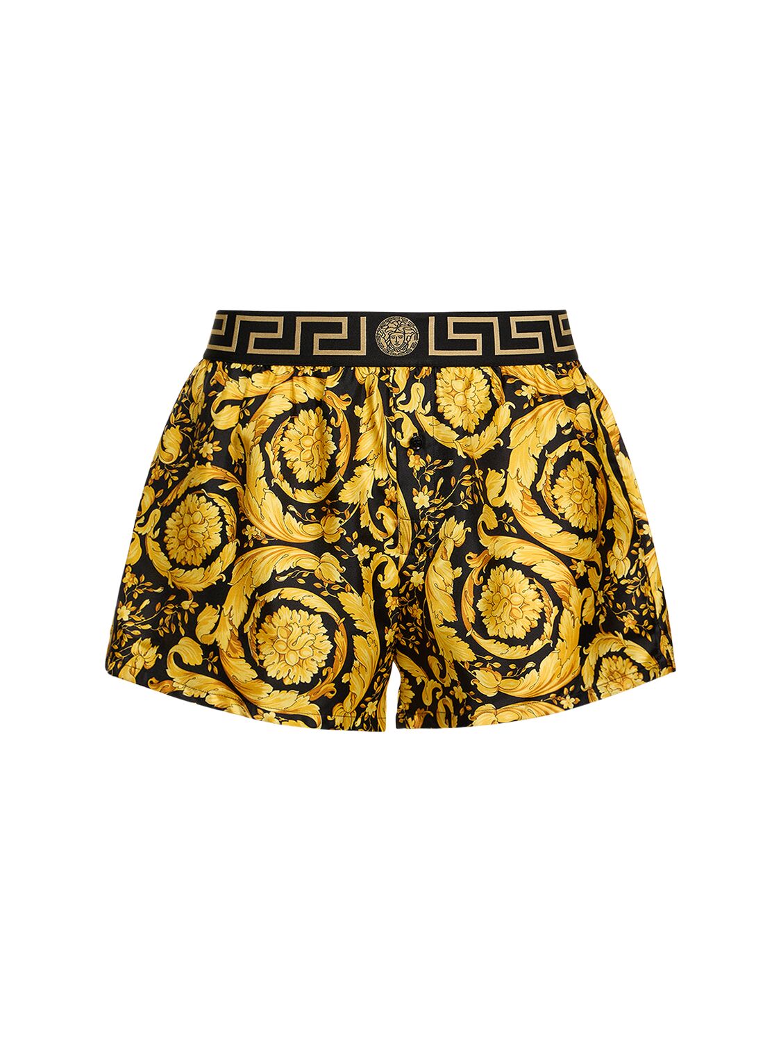 Versace Baroque Print Silk Loungewear Shorts In Black,gold