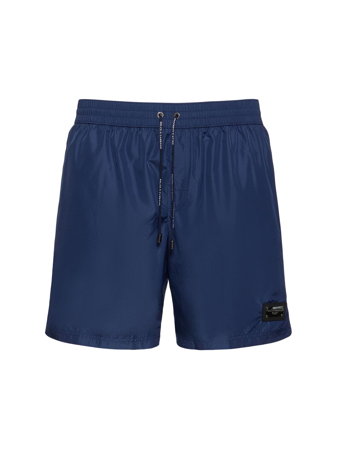 Shop Dolce & Gabbana Solid Color Swim Shorts W/ Logo Plaque In Navy
