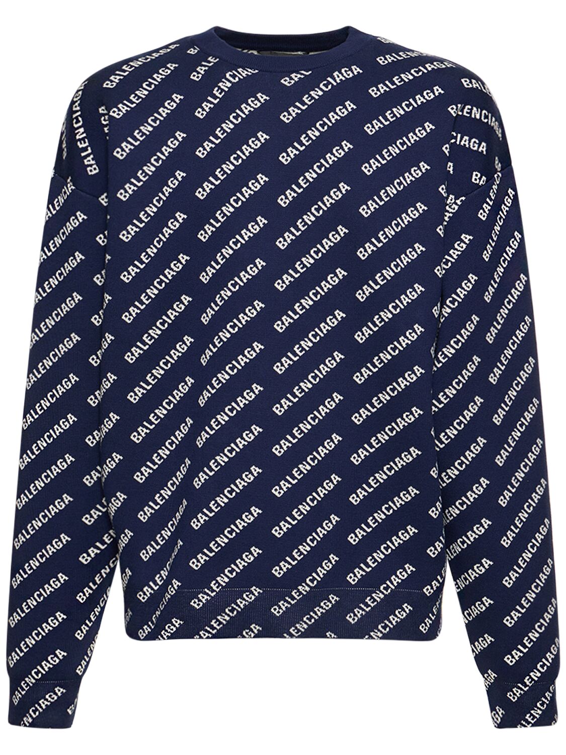 Shop Balenciaga All-over Logo Cotton Blend Sweater In Navy,white